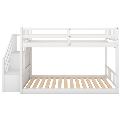 Twin over Twin Floor Bunk Bed, Ladder with Storage, Gray、、casual