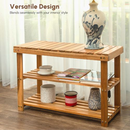 Acacia Wood Shoe Rack Bench, 2-Tier Natural Wooden Shoe Organizer for Entryway, Front Door, or Bathroom, 200 lbs Capacity, 27.6"L x 11"W x 17.8"H, Durable and Easy to Assemble、、eastwooduniform