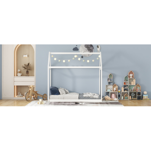 Twin Size Wooden House Bed, White、、casual