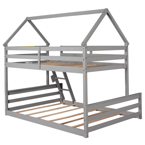 Twin Size Bunk House Bed with Slide and Ladder,Gray、、casual