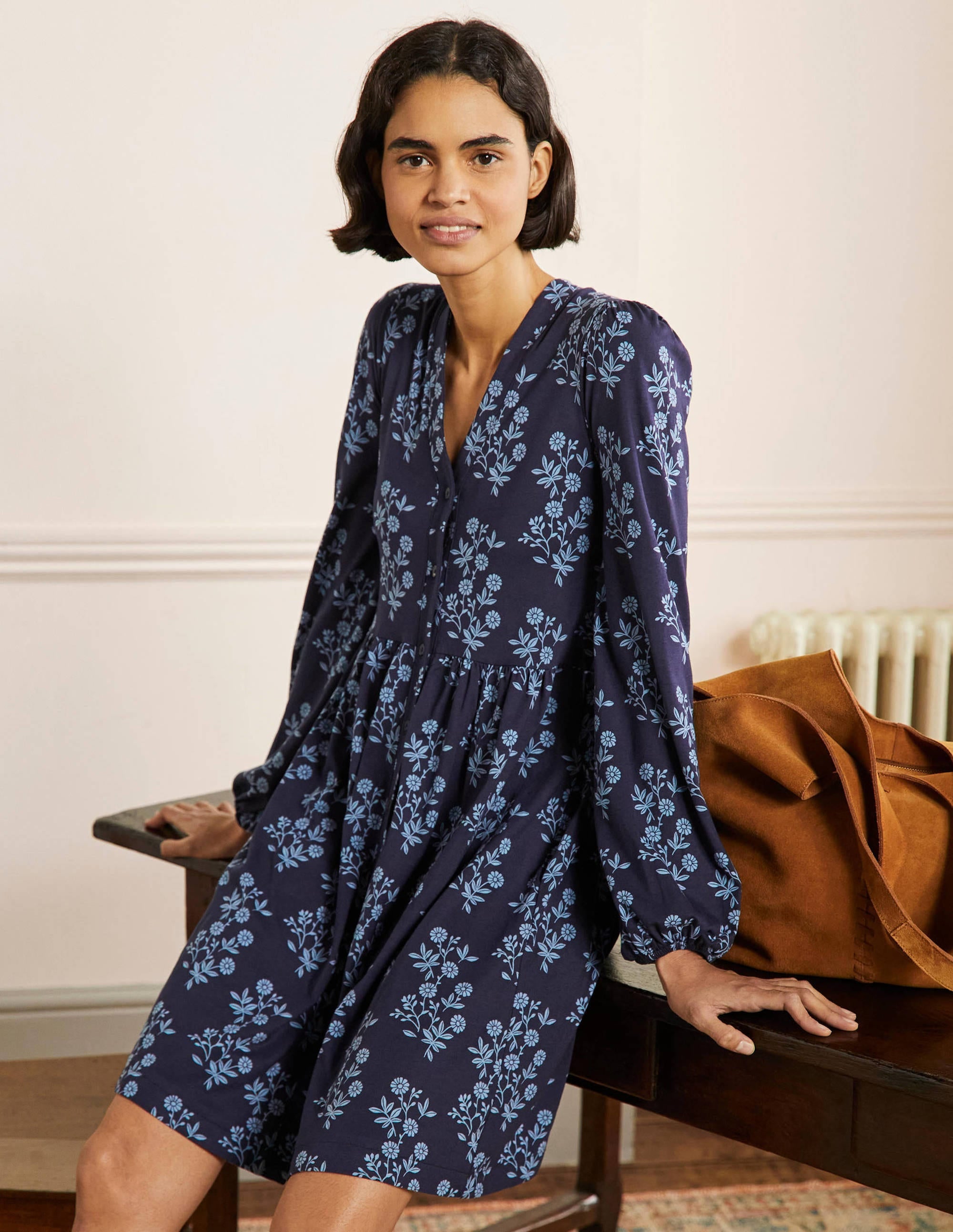  Button Through Jersey Dress-French Navy, Leafy Cluster、mySite、ashleygrahame