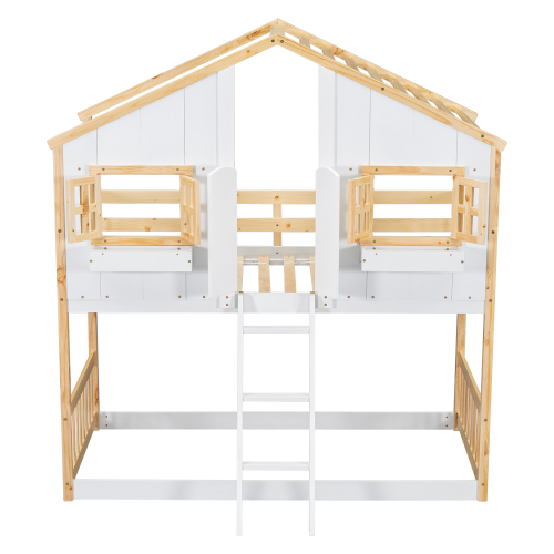 Twin over Twin House Bunk Bed with Roof , Window, Window Box, Door , with Safety Guardrails and Ladder,White、、casual