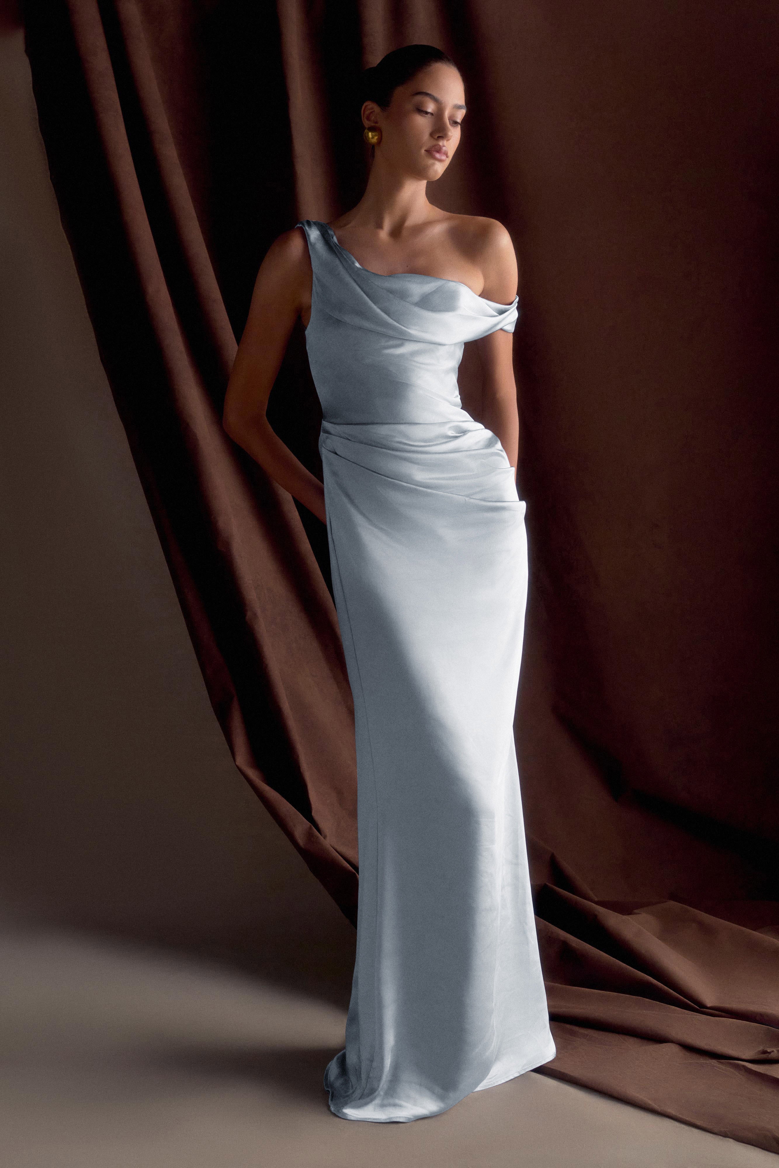 Dalia Off Shoulder Satin Maxi Dress - Frosted Blue、mySite、solidvoid