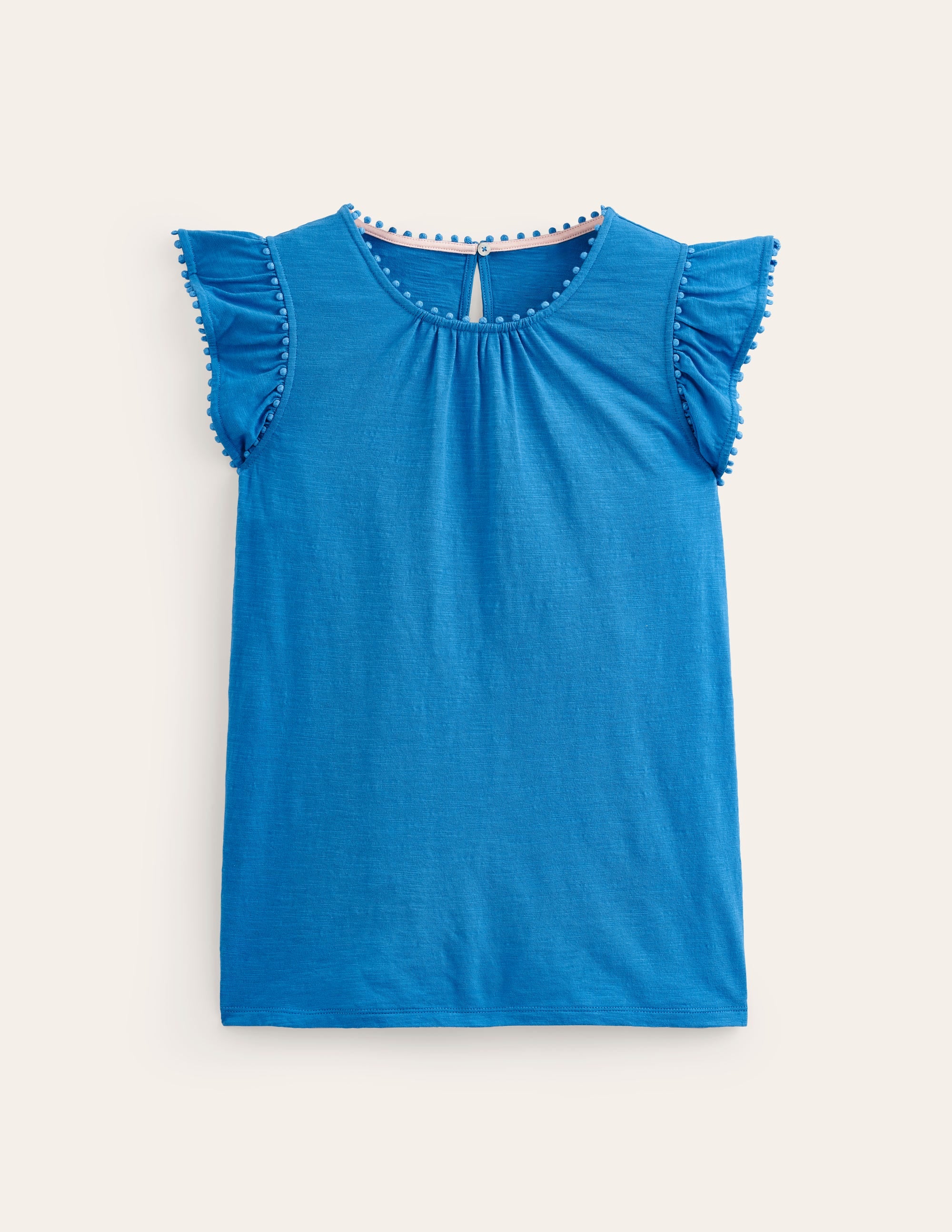  Pom Trim Ruffle Sleeve Top-Brilliant Blue、mySite、ashleygrahame