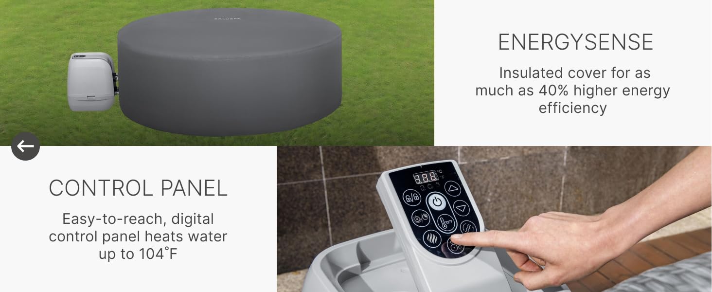 Portable spa with insulated cover for energy efficiency and easy-to-reach digital control panel.