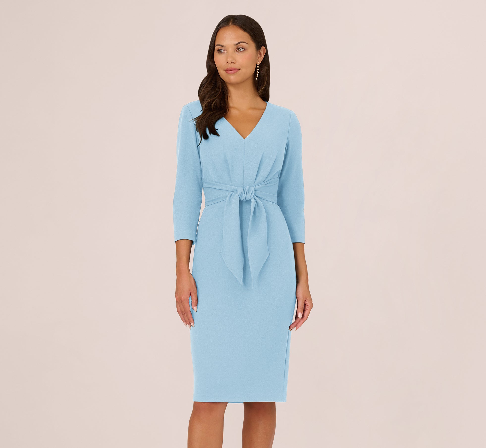 Three Quarter Sleeve Pleated Midi Dress With Tie Waist In Blue Mist、mySite、solidvoid