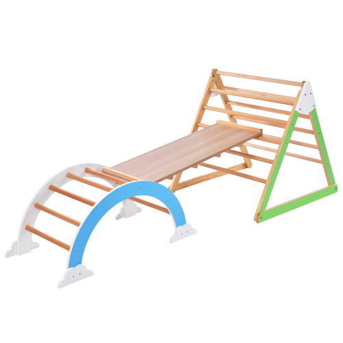 Wooden Climbing Triangle Toys - Indoor Arc Climber Jungle with Ramp and Arch Toy Rocker, Reversible Multifunction Playset Natural Wood Playground、、casual
