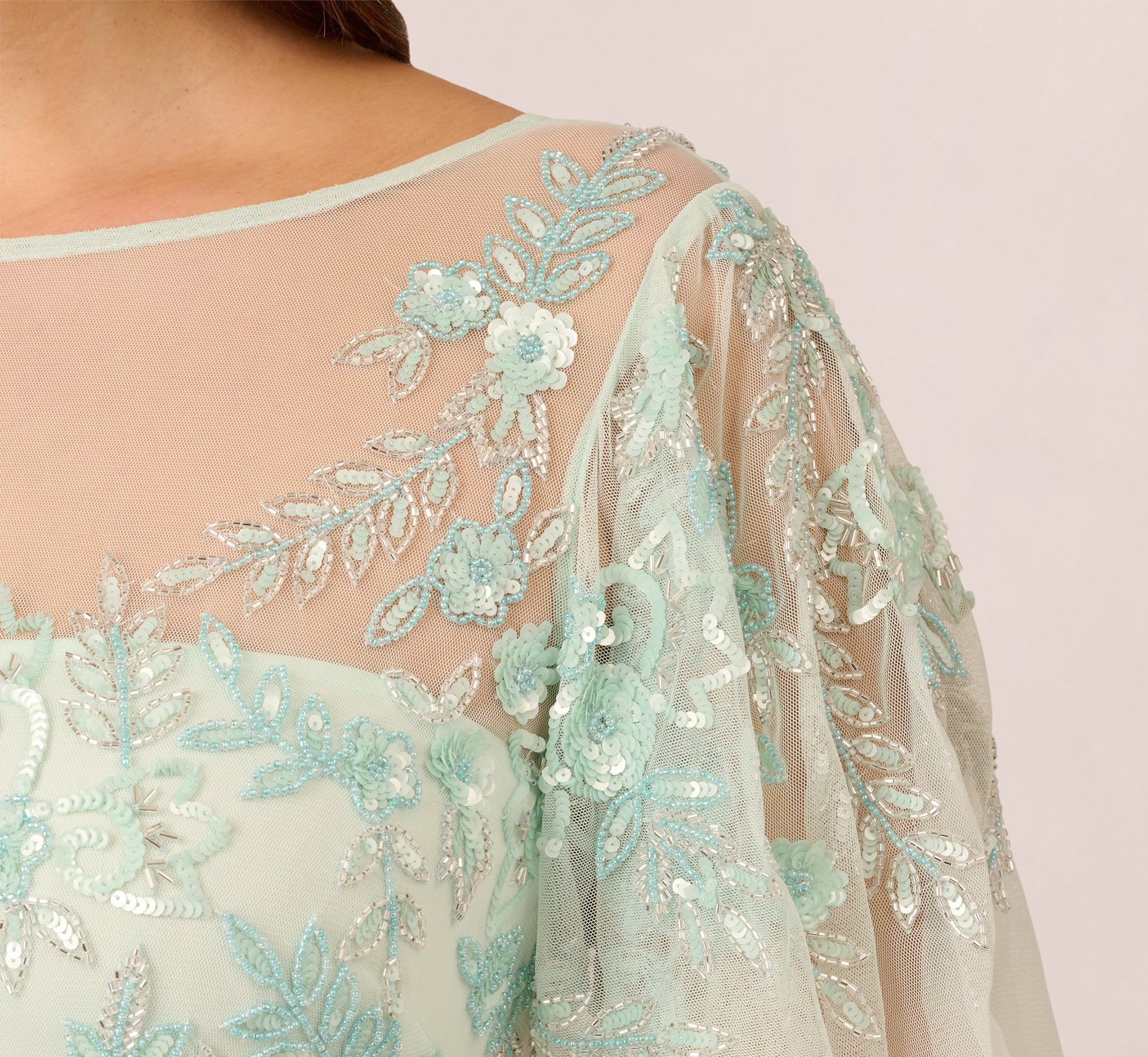 Plus Size Hand-Beaded Illusion Long Gown With Flutter Sleeves In Mint Glass、mySite、solidvoid