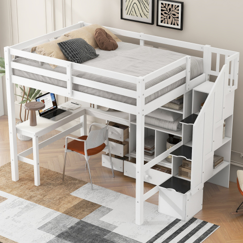 Twin Size Loft Bed with L-Shaped Desk and Drawers, Cabinet and Storage Staircase, White、、casual