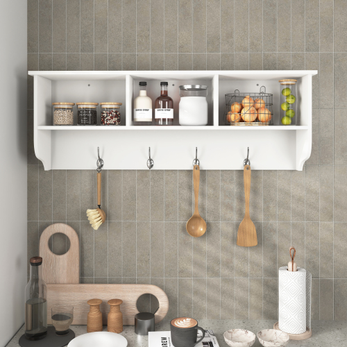 White Entryway Wall Mounted Coat Rack with 4 Dual Hooks Living Room Wooden Storage Shelf、、casual