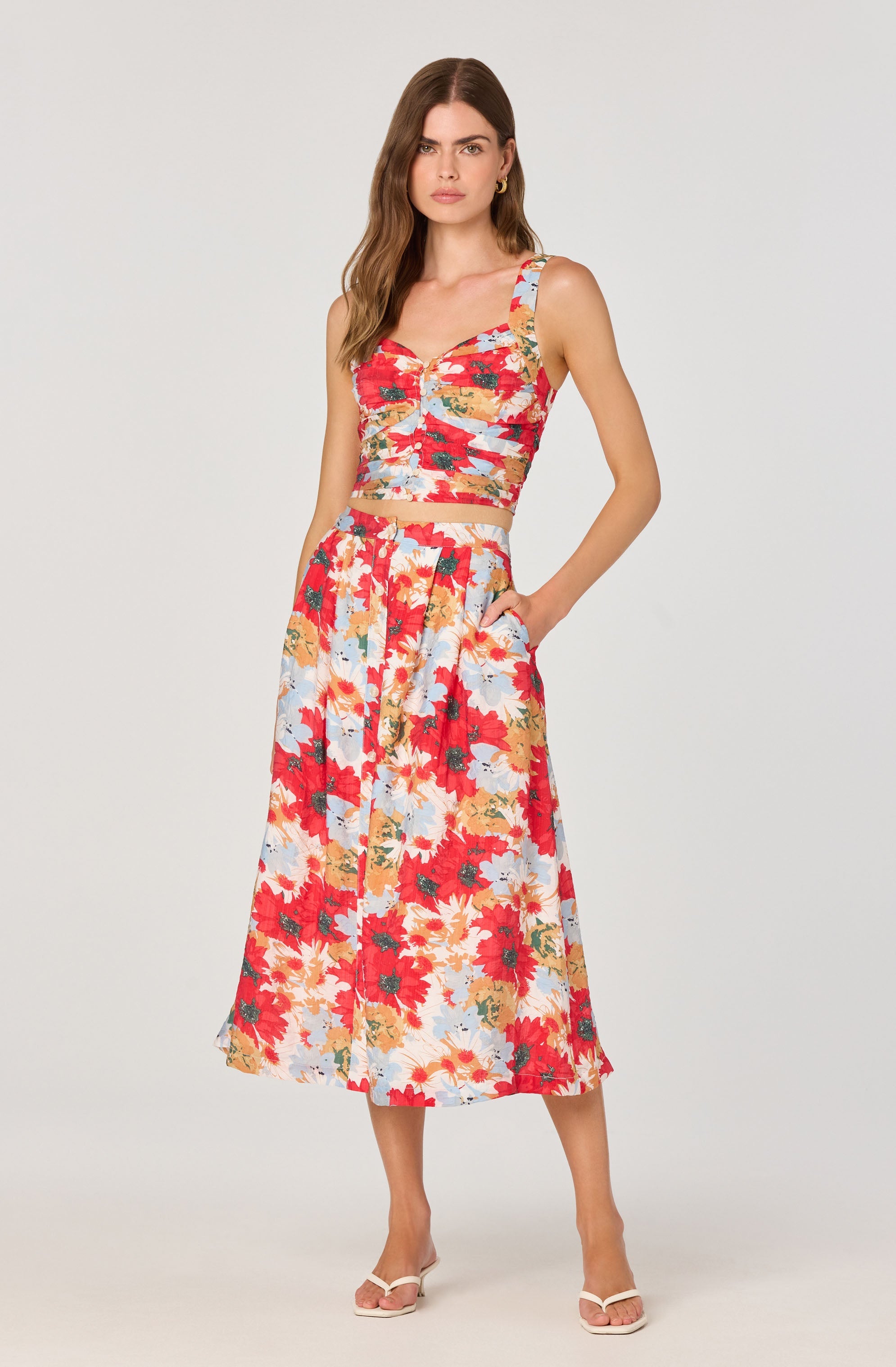 Button Front Pleated Midi Skirt、mySite、solidvoid