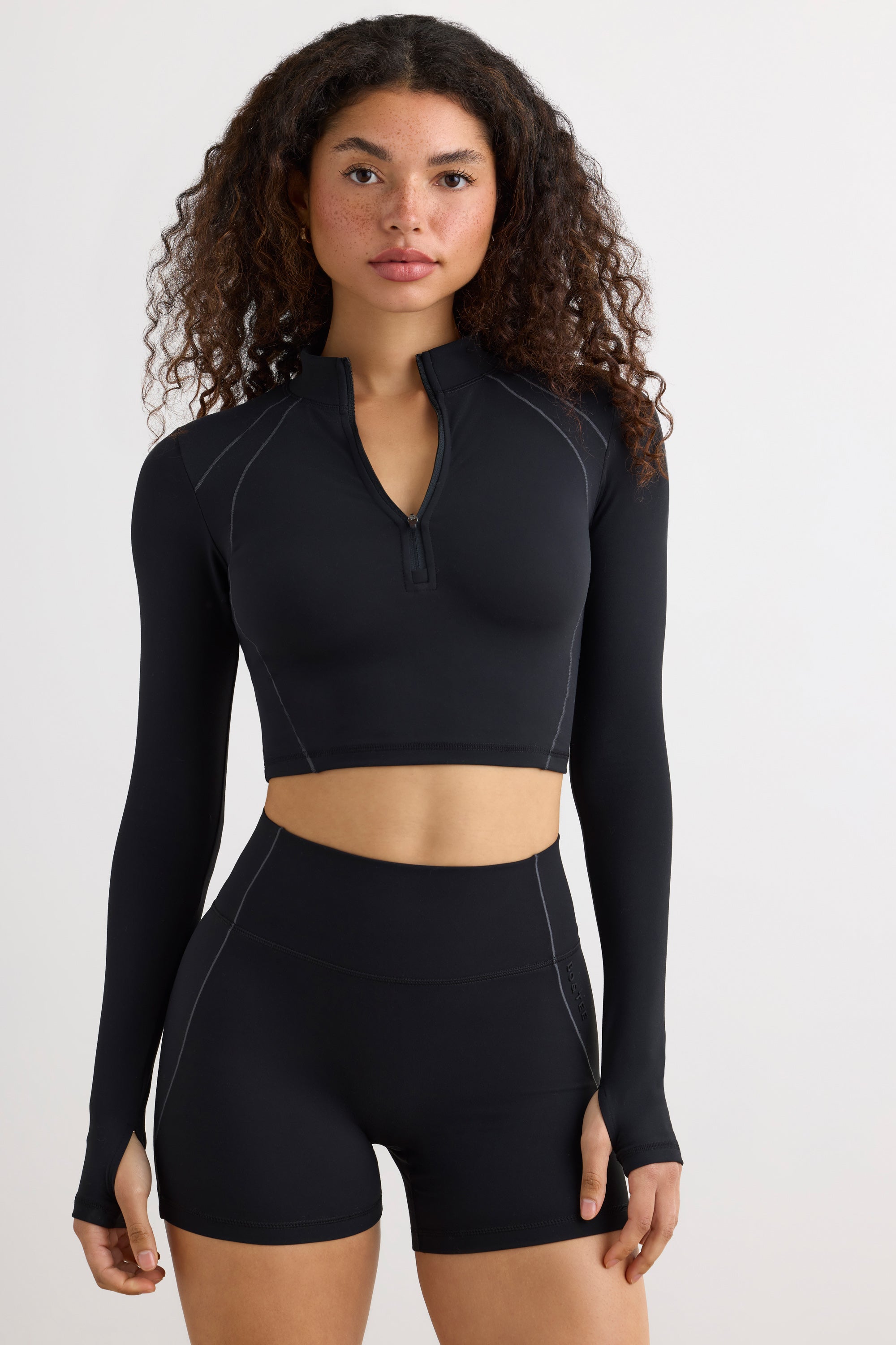 Soft Active Half Zip Crop Top in Black、mySite、solidvoid