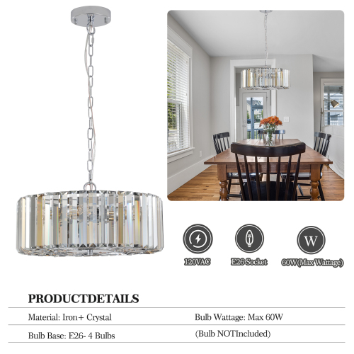(NEW SKU:W1340P189407) 39" Modern Crystal Rectangle Pendant Chandelier with Chrome Finish – Elegant Light Fixture for Living Room, Dining Room, or Kitchen (Bulb Not Included)、、eastwooduniform