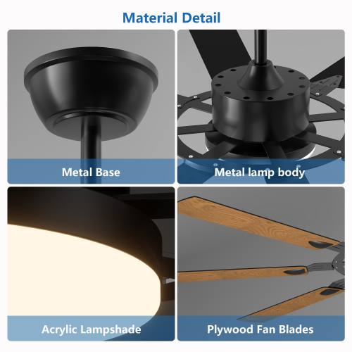 52 Inch Ceiling Fan with Lights and Remote Control, 8 Plywood Blades, 6-Speed Noiseless Reversible DC Motor, 3CCT, Windmill Ceiling fan for Kitchen Bedroom Living Room, Black、、eastwooduniform