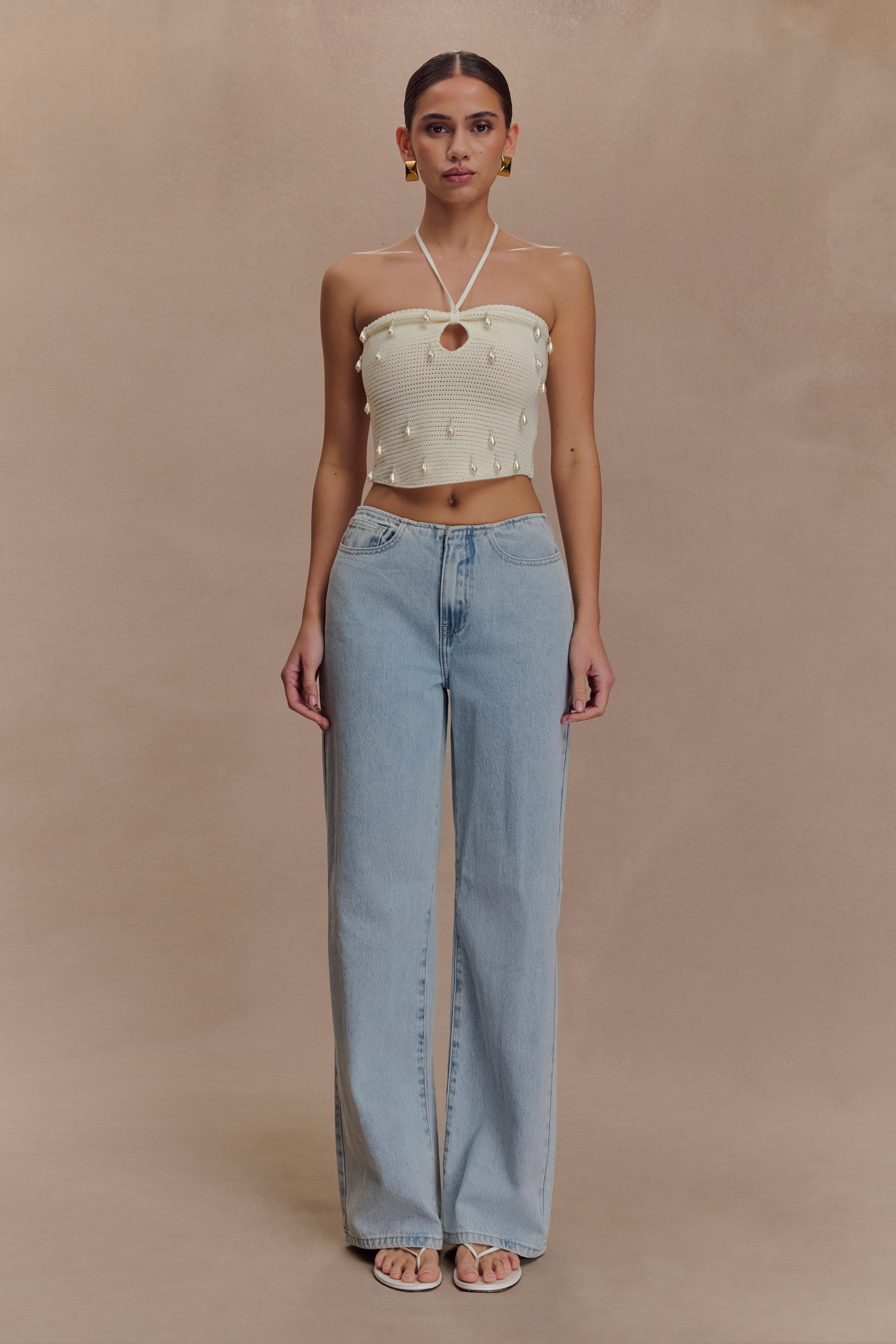 Aletta Knit Pearl Halter Top - Ivory、mySite、solidvoid