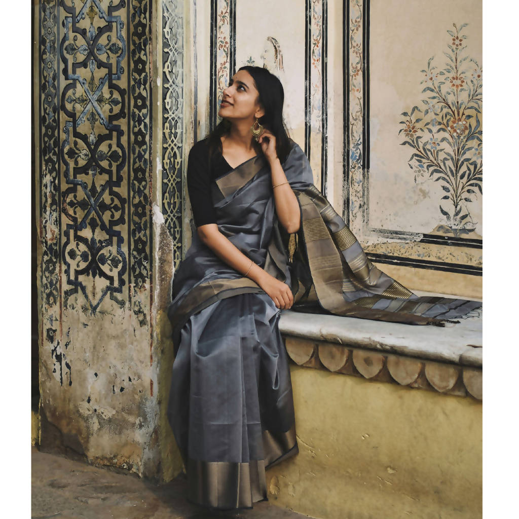 Maheshwari Cotton Silk Saree | Grey & Gold、mySite、camillekostekn