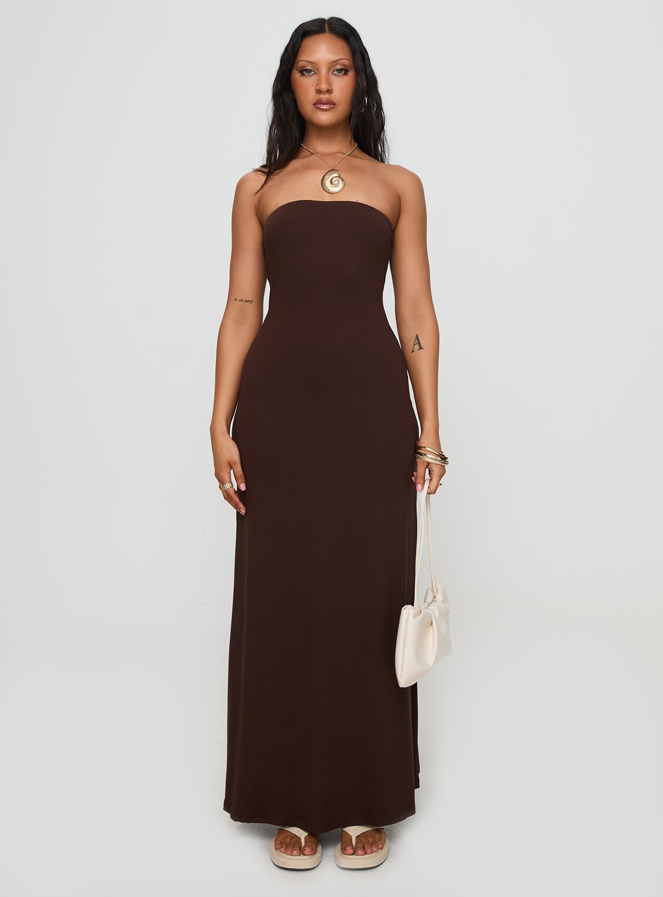 Bellaire Strapless Maxi Dress Brown、mySite、solidvoid