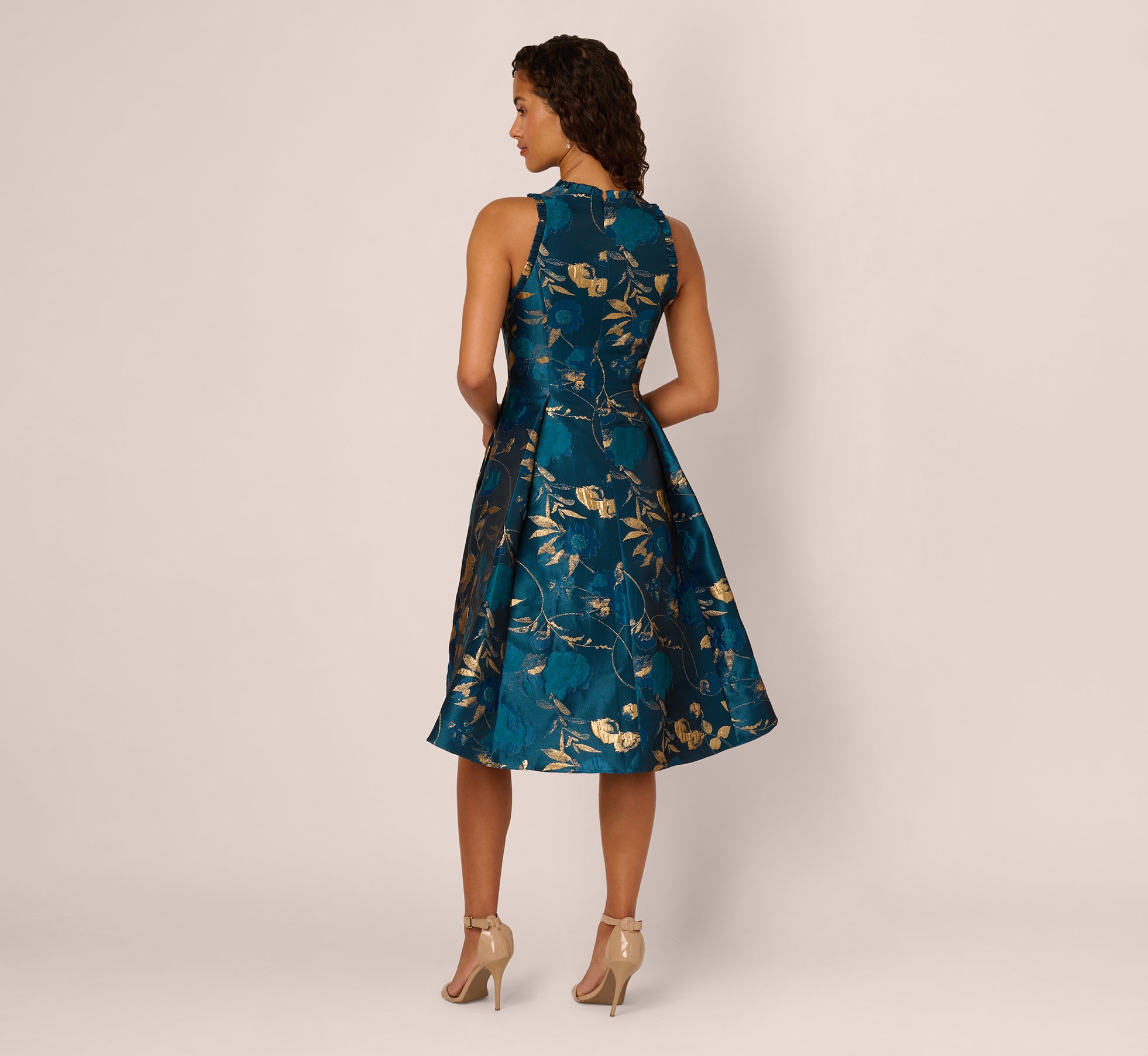 Sleeveless Metallic Vine Jacquard Midi Dress In Teal Sapphire Gold、mySite、solidvoid