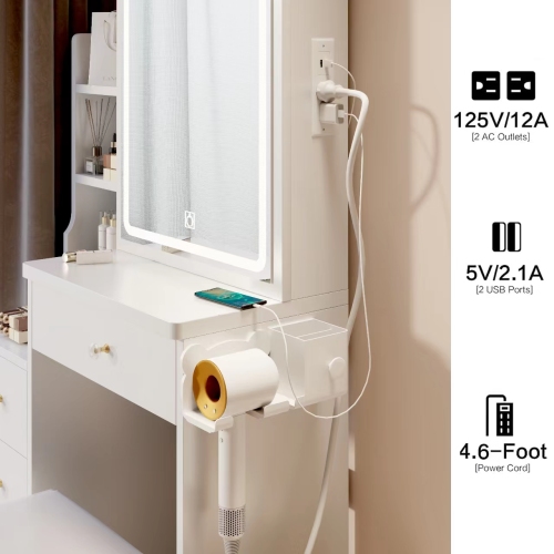 29.2" Small Size Left Bedside Cabinet Vanity Table + Cushioned Stool, Large Sliding, Touch Control, Tri-color Switching, Brightness Adjust LED Mirror, High Capacity Storage, Suitable for Small Space、、xpatfood