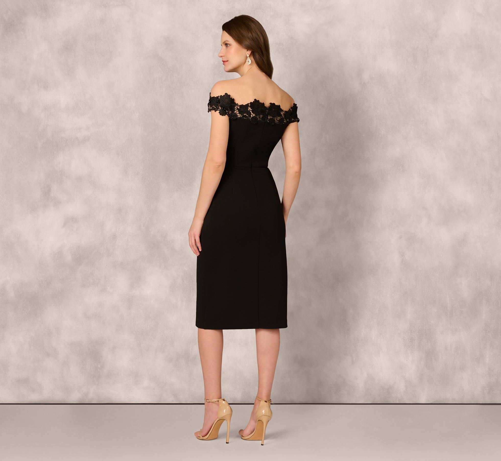 Off Shoulder Lace Trim Midi Sheath Dress In Black、mySite、solidvoid
