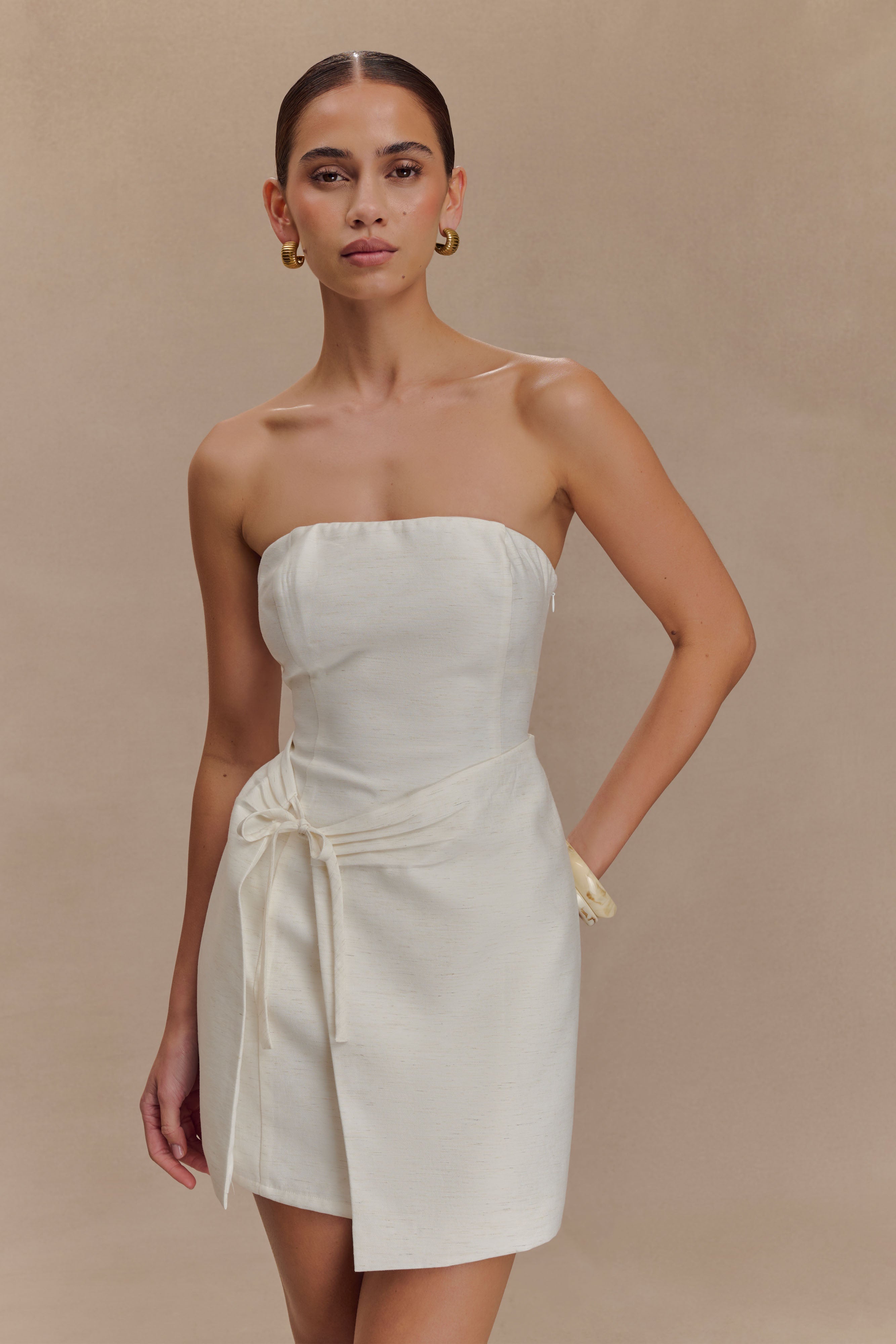 Steph Strapless Linen Mini Dress - White、mySite、solidvoid