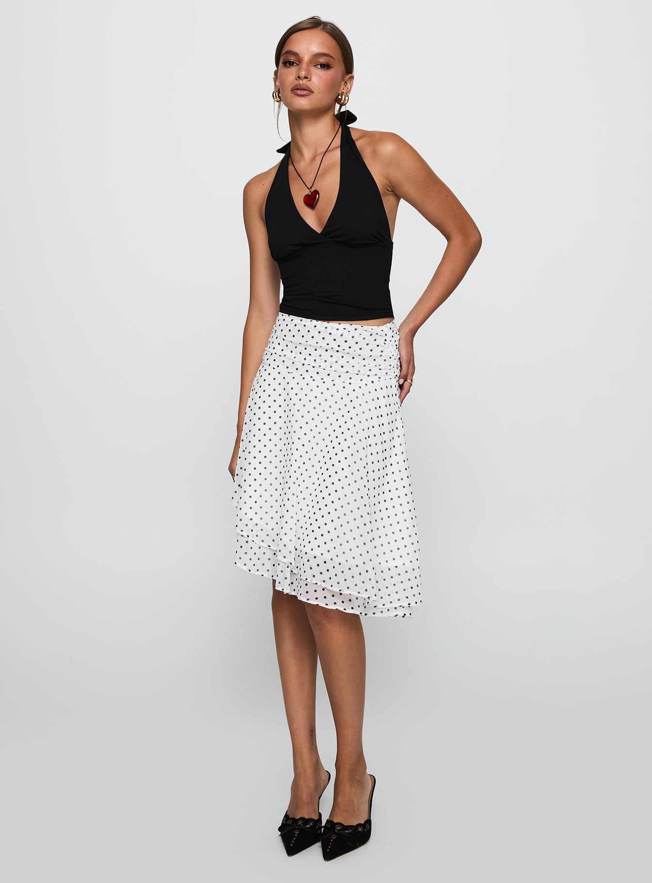 Evanescence Asymmetrical Midi Skirt White / Polka Dot、mySite、solidvoid
