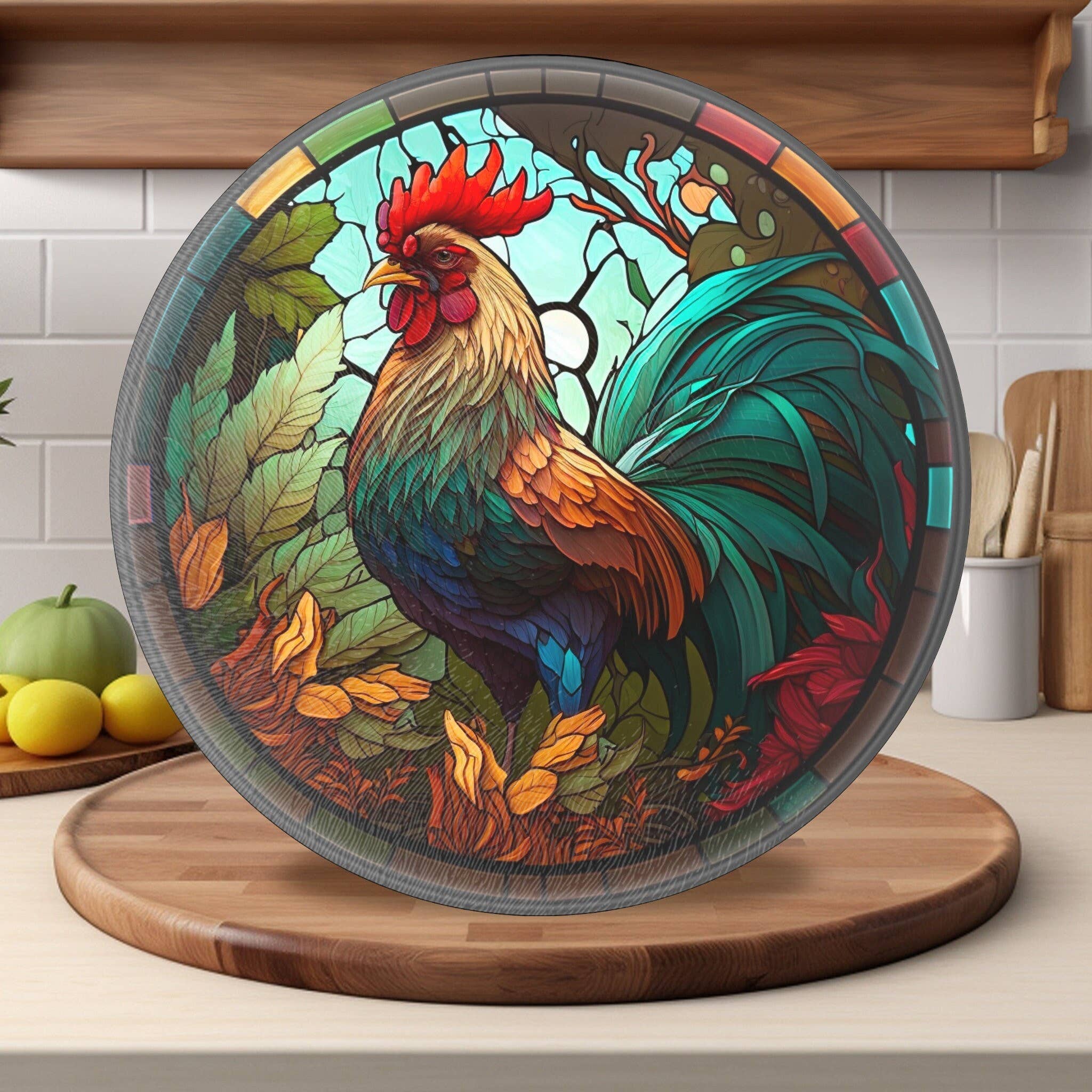 Rooster Tempered Glass Cutting & Serving Board Colorful Stained Glass Look、mySite、g9winljtr