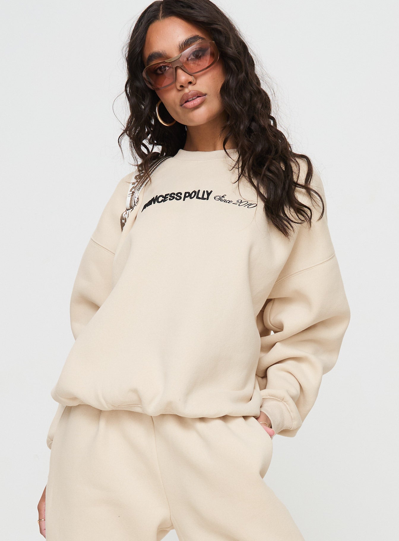 Princess Polly Crew Neck Sweatshirt Block / Cursive Text Stone、mySite、solidvoid