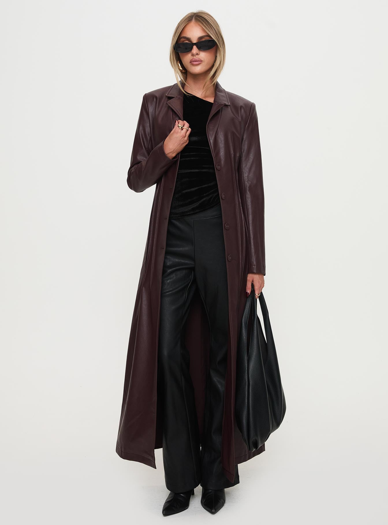 Speak Easy Long Line Faux Leather Coat Burgundy、mySite、solidvoid