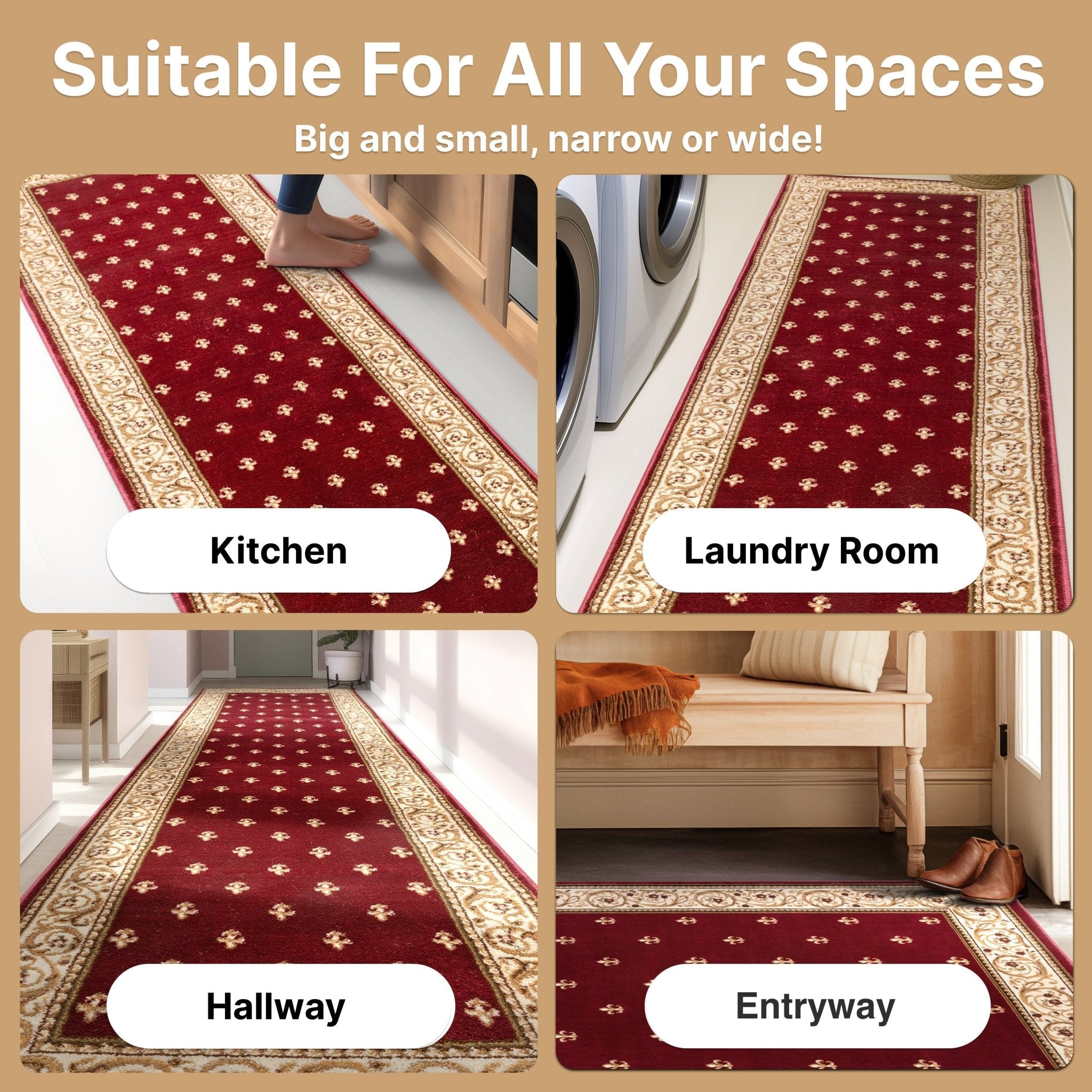 Custom Size Hallway & Stair Runner Fleur de Lis Traditional Red 27 Inch Wide x Choose Your Custom Length Runner Rug、mySite、gigharbornorthrealestate