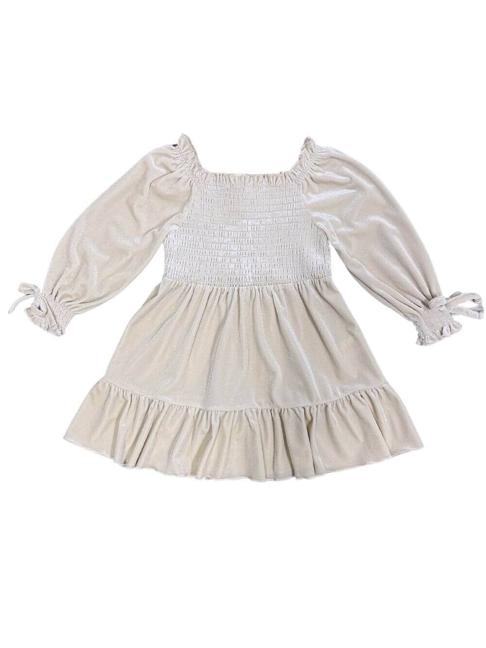 Ivory Puff Sleeve Smocked Girls Velvet Dress、mySite、camillekostekn