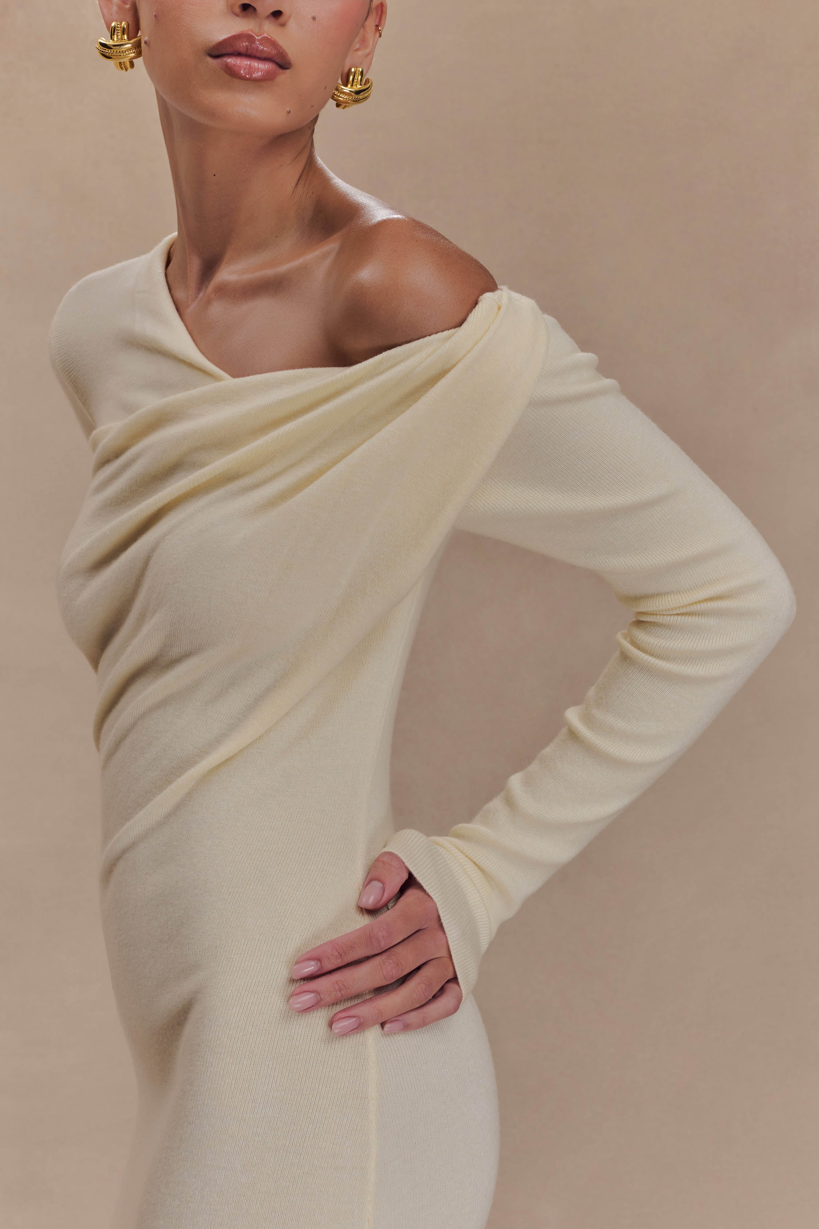 Culver Draped Twist Knit Midi Dress - Cream、mySite、solidvoid