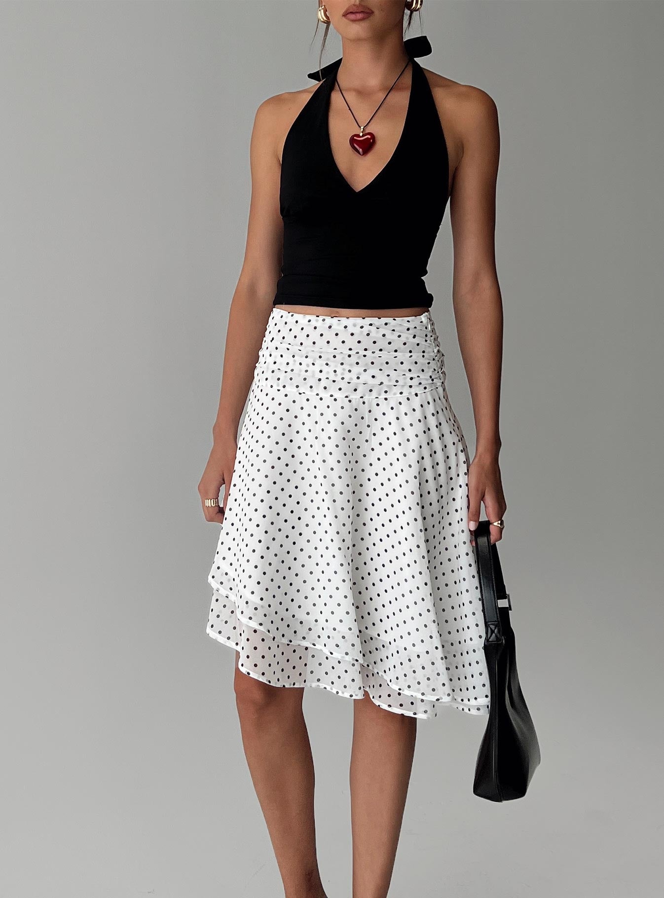 Evanescence Asymmetrical Midi Skirt White / Polka Dot、mySite、solidvoid