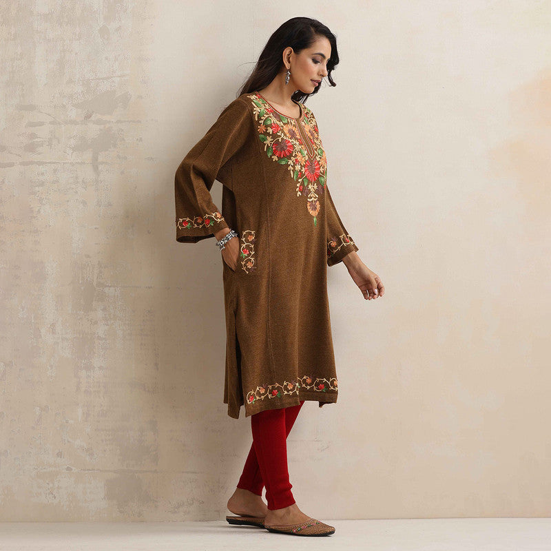 Woolen Kurta For Women | Floral Embroidered | Brown、mySite、camillekostekn