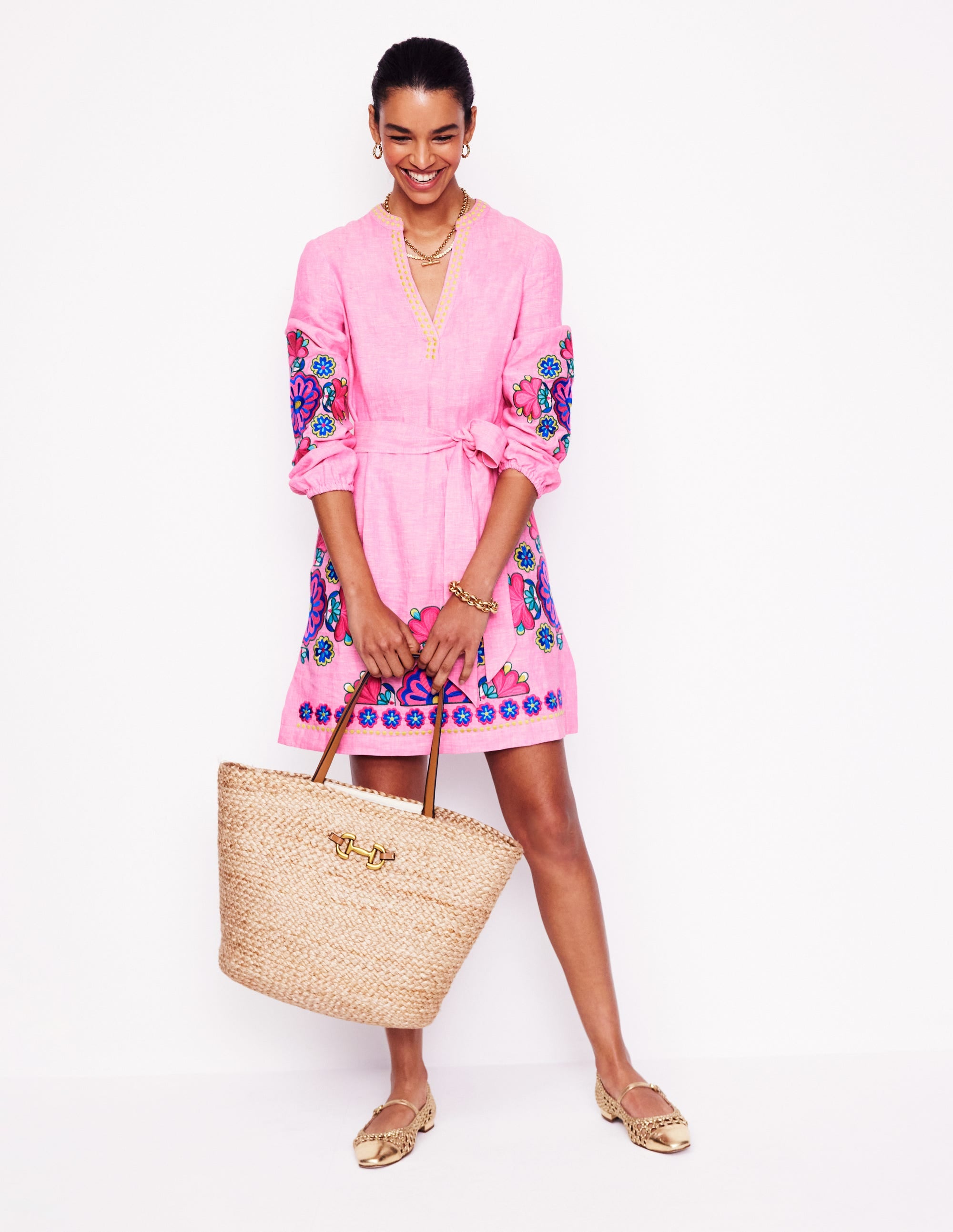  Cleo Tie Waist Linen Dress-Pink Chambray Embroidery、mySite、ashleygrahame