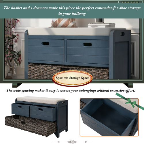 TREXM Storage Bench with Removable Basket and 2 Drawers, Fully Assembled Shoe Bench with Removable Cushion (Navy)、、casual