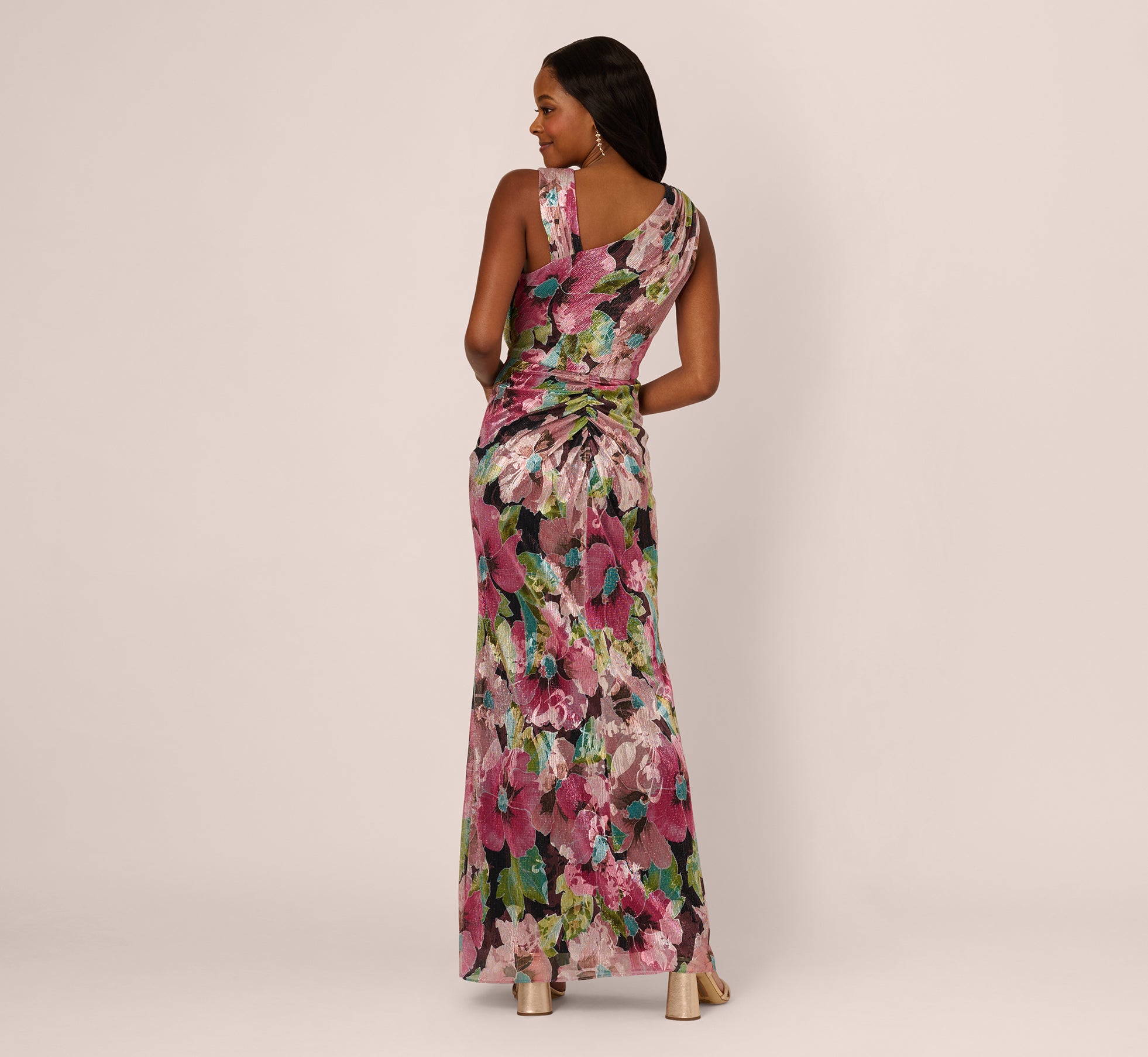 Sleeveless Asymmetrical Metallic Floral Gown In Navy Pink Multi、mySite、solidvoid