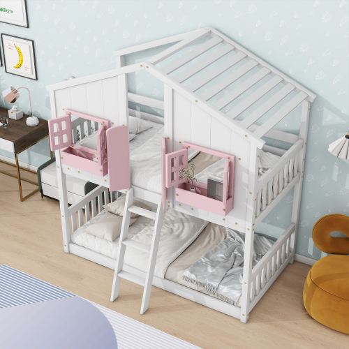 Twin over Twin House Bunk Bed with Roof , Window, Window Box, Door , with Safety Guardrails and Ladder,White、、casual