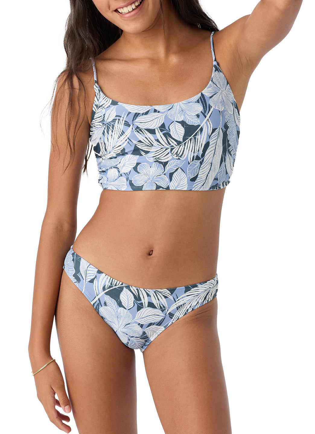 O'Neill Girls' Palmetto Tropical Ruched Longline Two Piece Bikini Set (Big Kid)、mySite、noshort