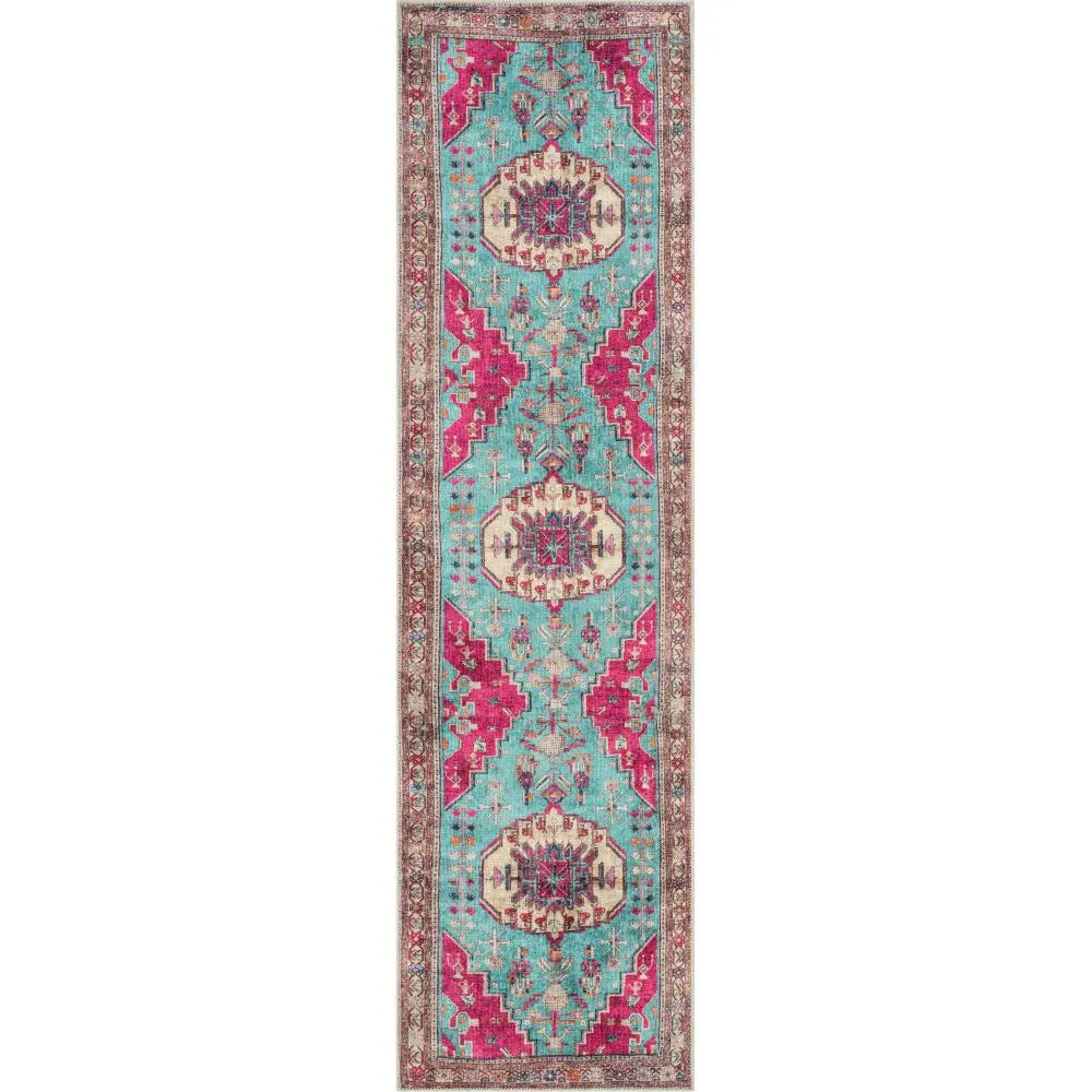 Shasta Machine Washable Vintage Bohemian Medallion Persian Blush Turquoise Flat-Weave Distressed Rug、mySite、gigharbornorthrealestate