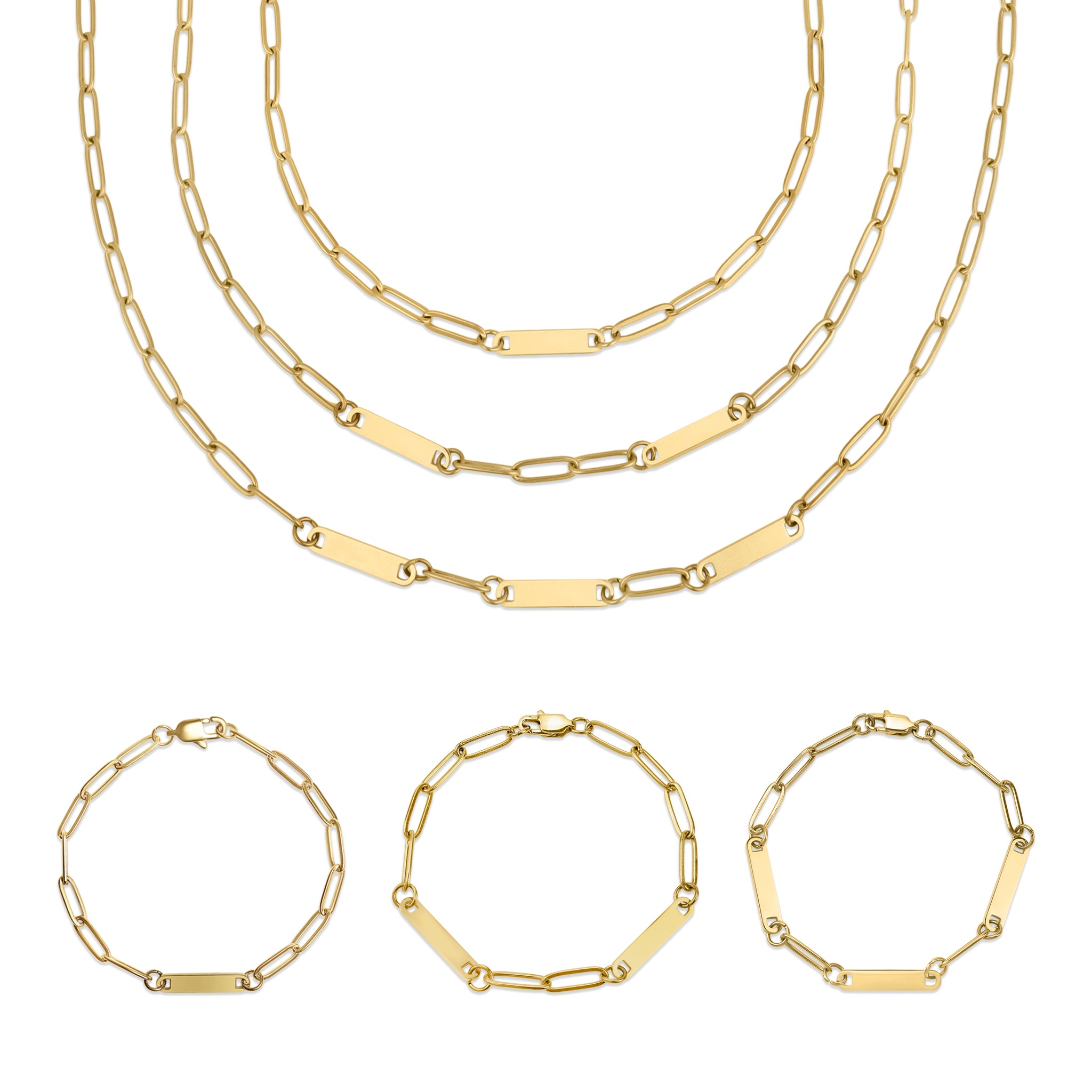 30pc 18K Gold PVD Coated Stainless Steel Engravable Paperclip Bar Necklace Bracelet Set / BND0023、mySite、dreamappss