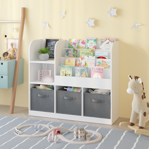 Kids Bookcase and Bookshelf, Multifunctional Bookcase with 3 Collapsible Fabric Drawers, Bookcase Display Stand, Toy Storage Organizer for Bedroom, Playroom, Hallway (White/Gray)、、casual