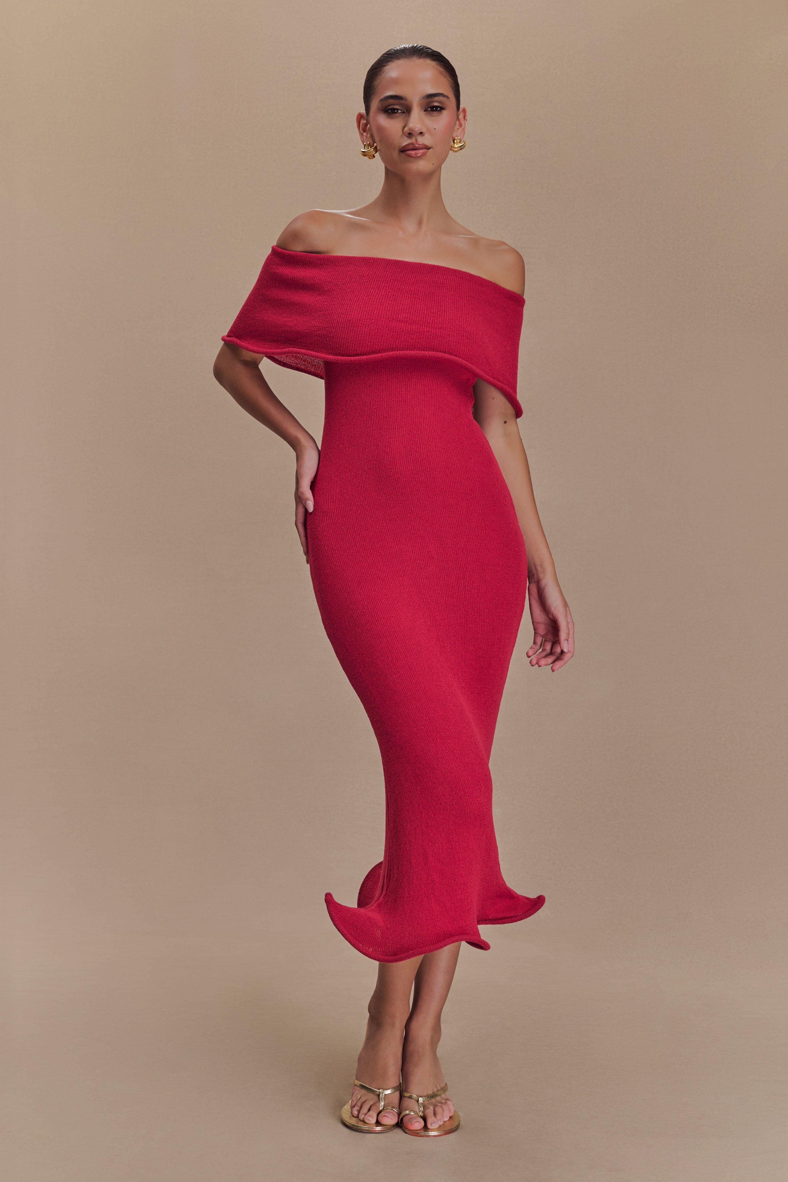 Molly Off Shoulder Knit Midi Dress - Raspberry、mySite、solidvoid