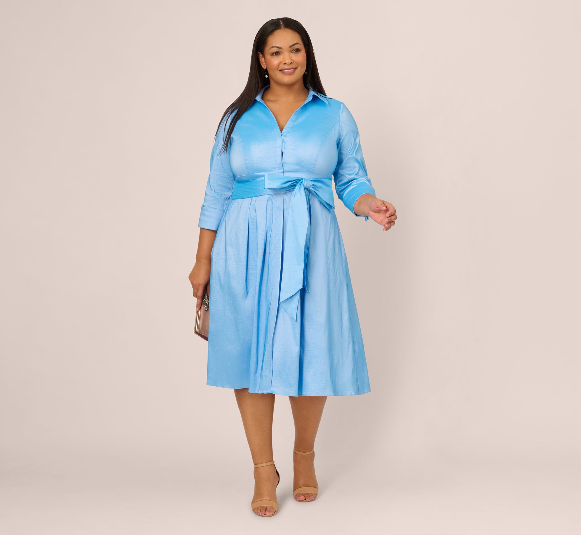 Plus Size Three Quarter Sleeve Taffeta Midi Shirt Dress In Bluebell、mySite、solidvoid