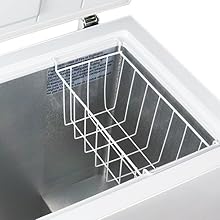 Closeup of removable wire basket in Koolatron white chest freezer