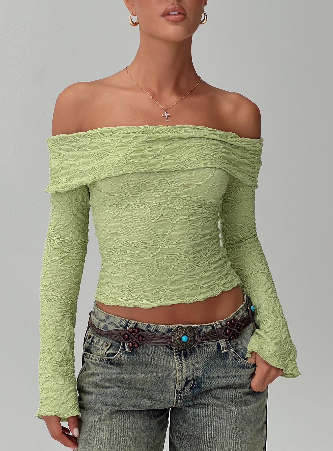 Back With Love Off Shoulder Long Sleeve Top Green、mySite、solidvoid