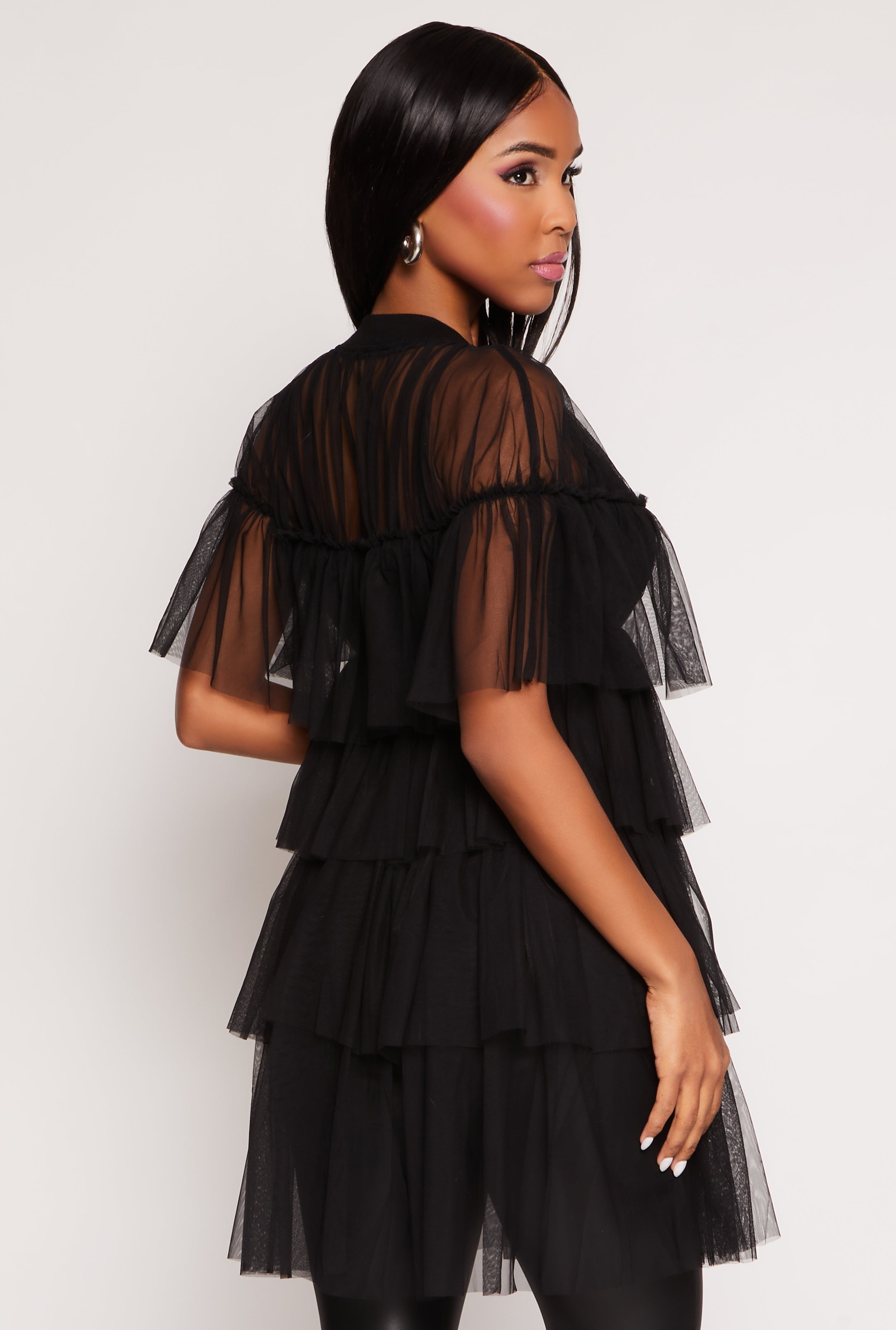 Mesh Tiered Zip Front Blouse、mySite、camillekostekn