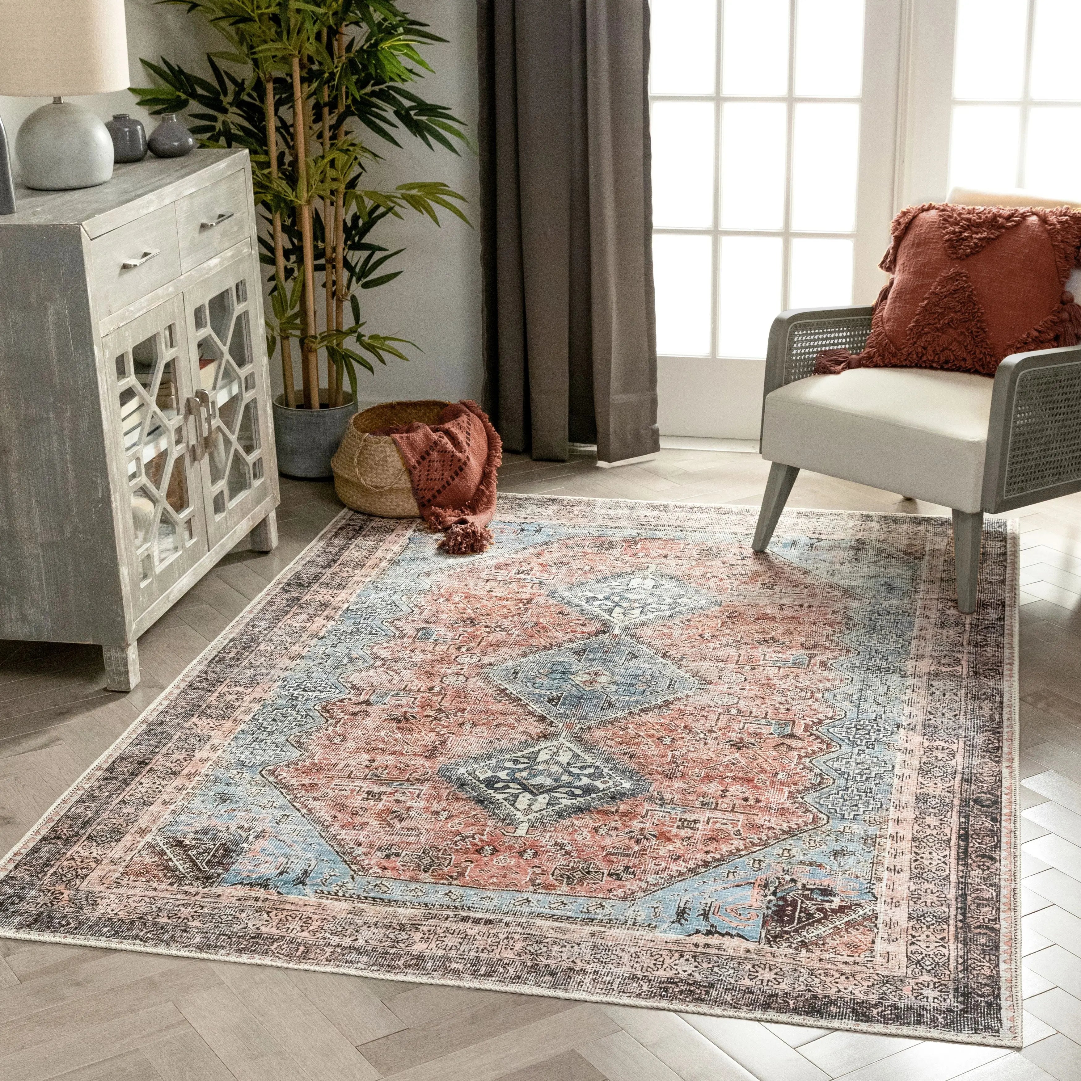 Menda Machine Washable Vintage Bohemian Meallion Oriental Light Blue Flat-Weave Distressed Rug、mySite、gigharbornorthrealestate