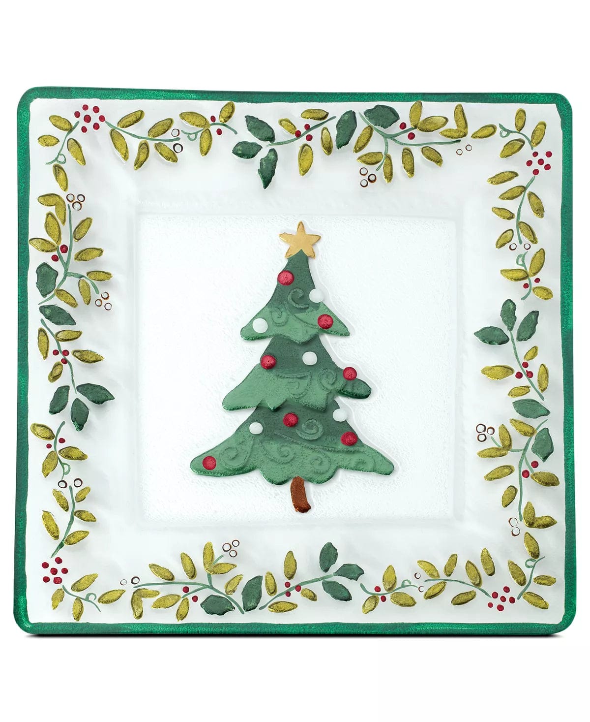 Winterberry Square Glass Christmas Tree Platter Crafted of High Quality Pressed Glass Imported、mySite、g9winljtr
