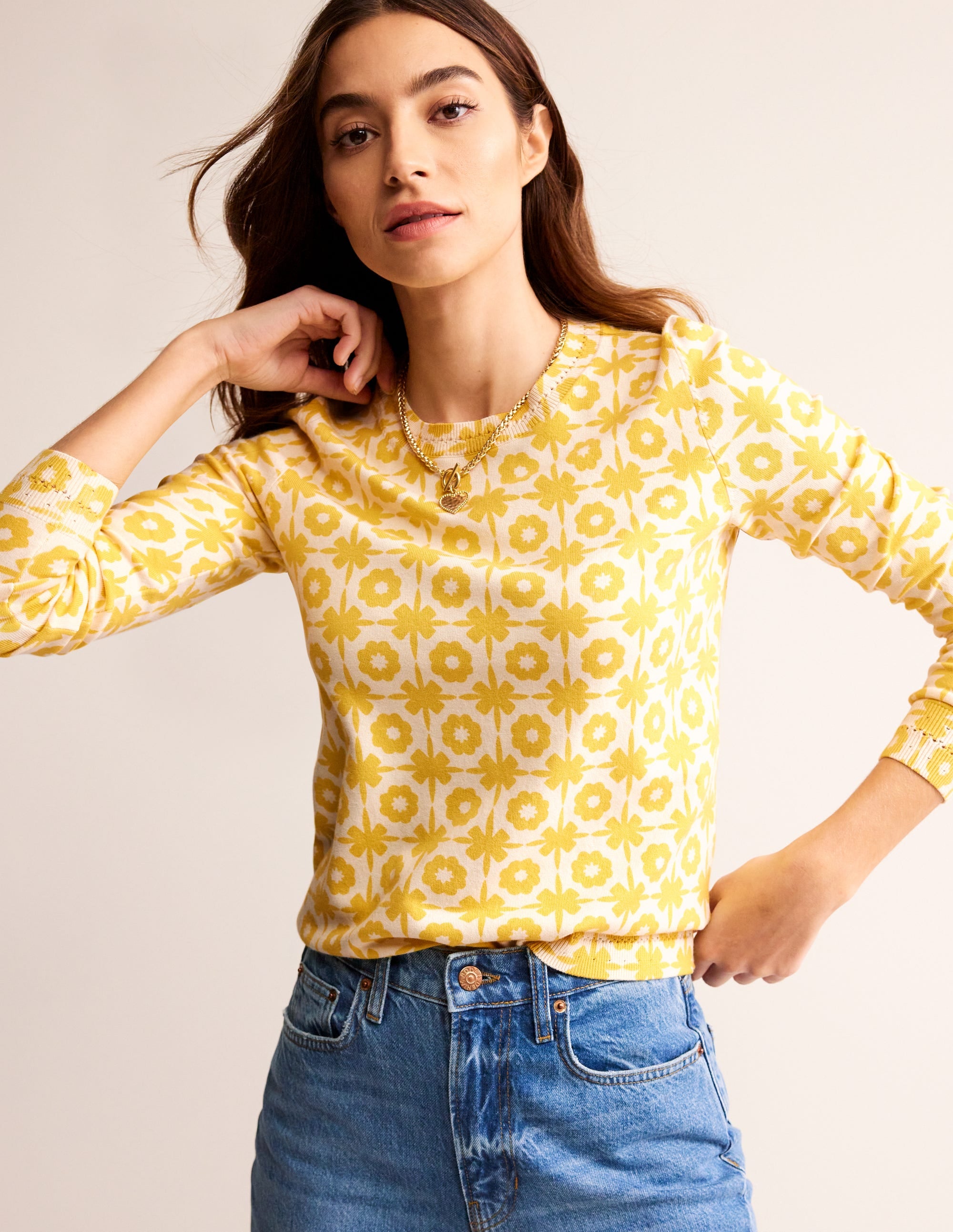  Catriona Cotton Crew Jumper-Mimosa Yellow Print、mySite、ashleygrahame